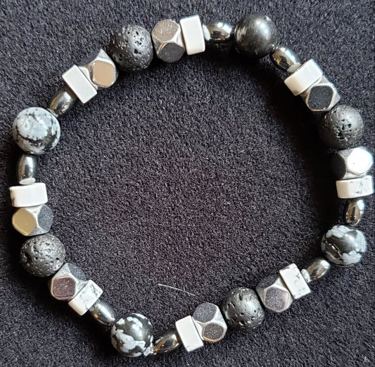 Bracelet - Lava, Hematite, Howlite, Snowflake Jasper