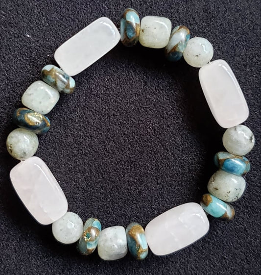 Bracelet - Rose Quartz Rectangle with Labradorite, Impression Jasper