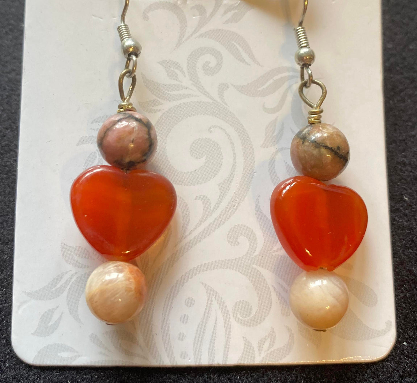 Earrings - Carnelian Heart with Leopard Jasper & Rhodonite