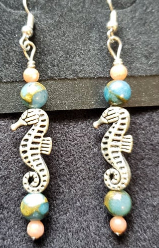 Earrings - Metal Seahorse with Jasper and Impression Jasper