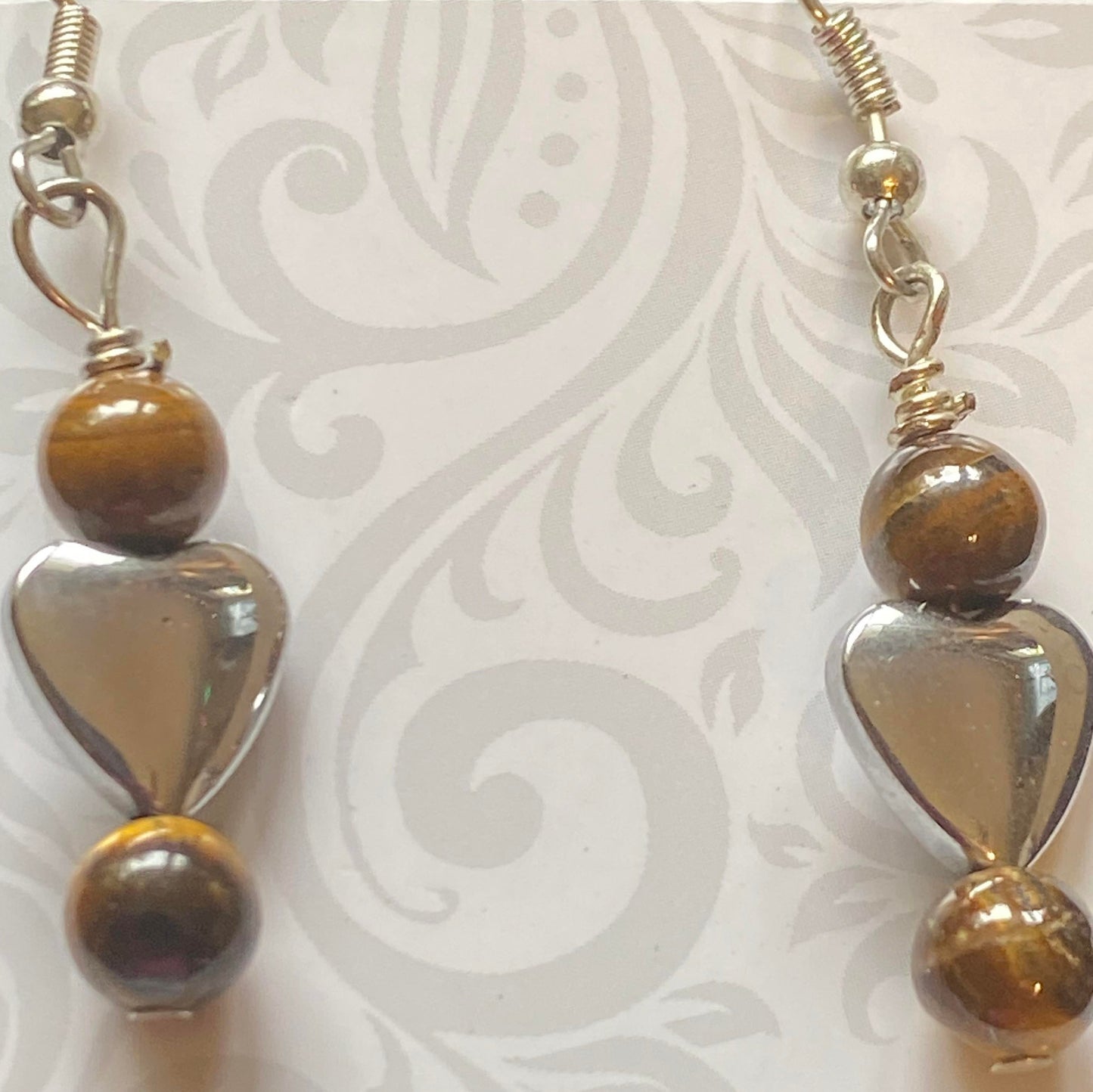 Earrings - Metal Heart with Tiger Eye