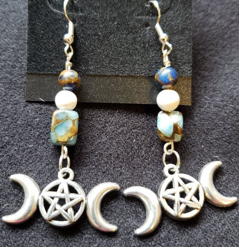 Earrings - Metal Pentacle and Triple Moon with Impression Jasper and Howlite