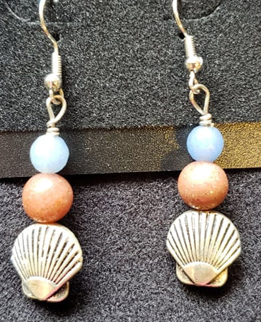 Earrings - Metal Sea Shell with Blue Agate and Picture Jasper