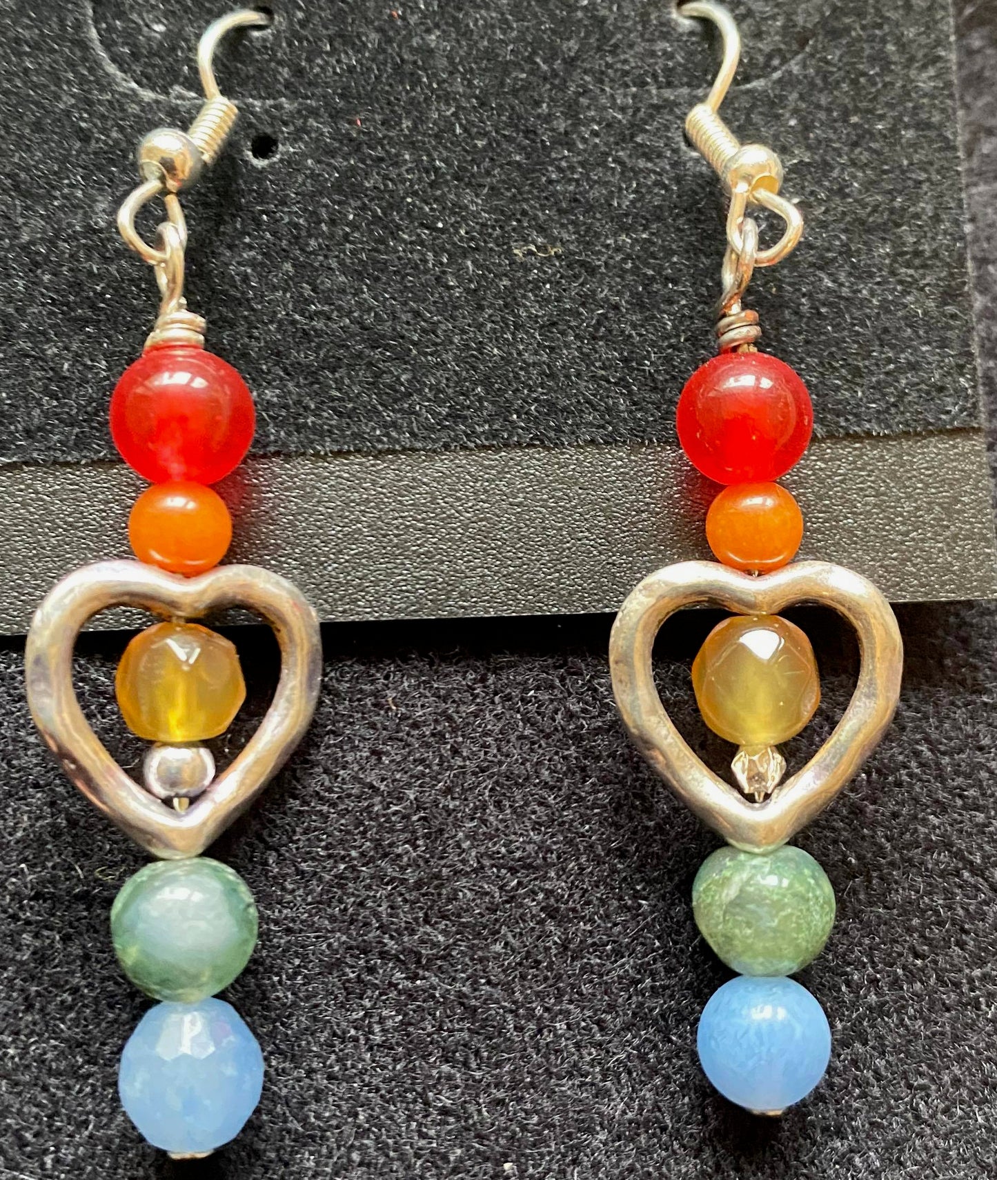 Earrings - Metal Heart with Rainbow Gemstones