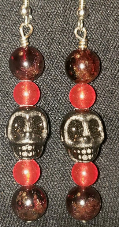 Earrings - Black Resin Skull with Garnet and Carnelian