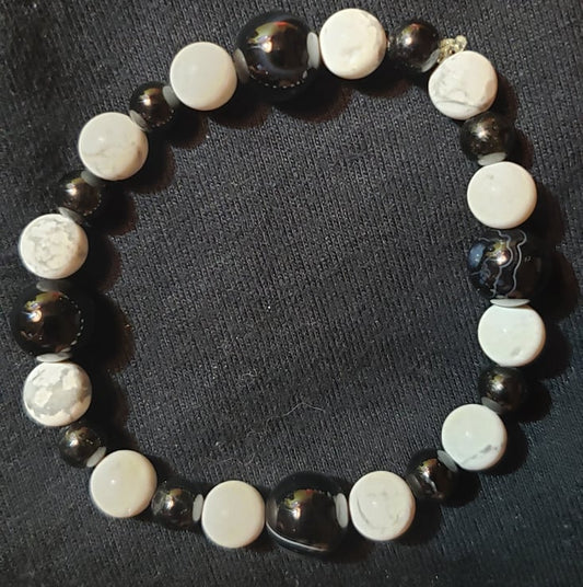 Bracelet- Howlite, Black Tourmaline, Tuxedo Agate