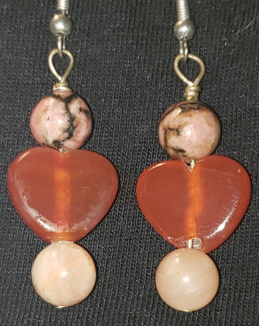 Earrings - Carnelian Heart with Leopard Jasper & Rhodonite