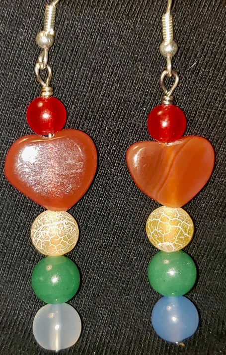 Earrings - Carnelian Heart with Rainbow Gemstones