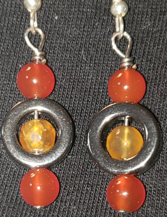 Earrings - Metal O with Carnelian and Fire Agate