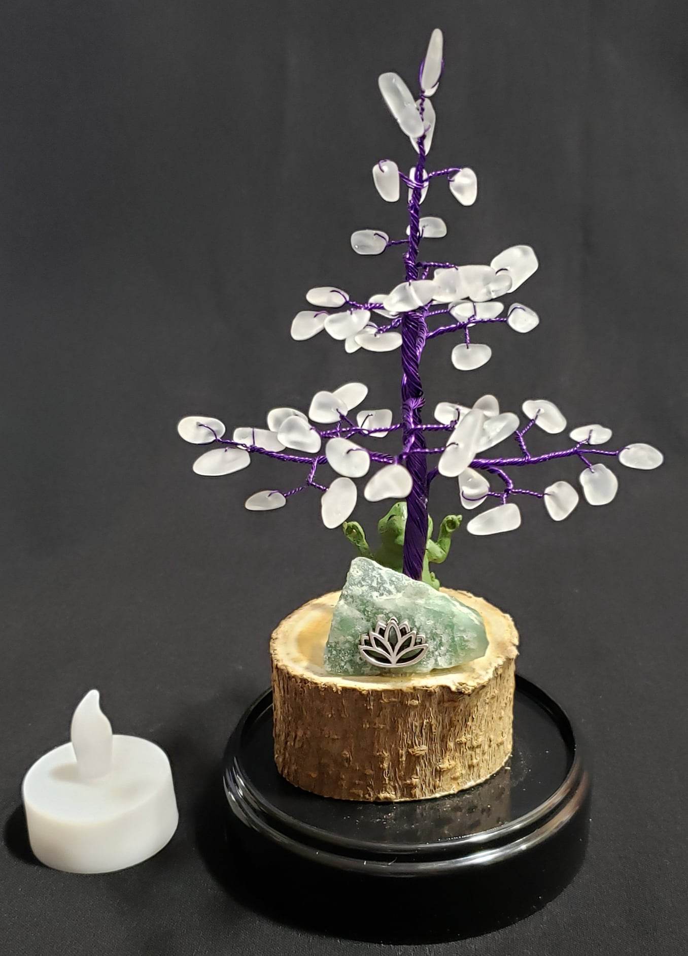 Handmade Gemstone Wire Tree - Frosted Quartz with meditating frog