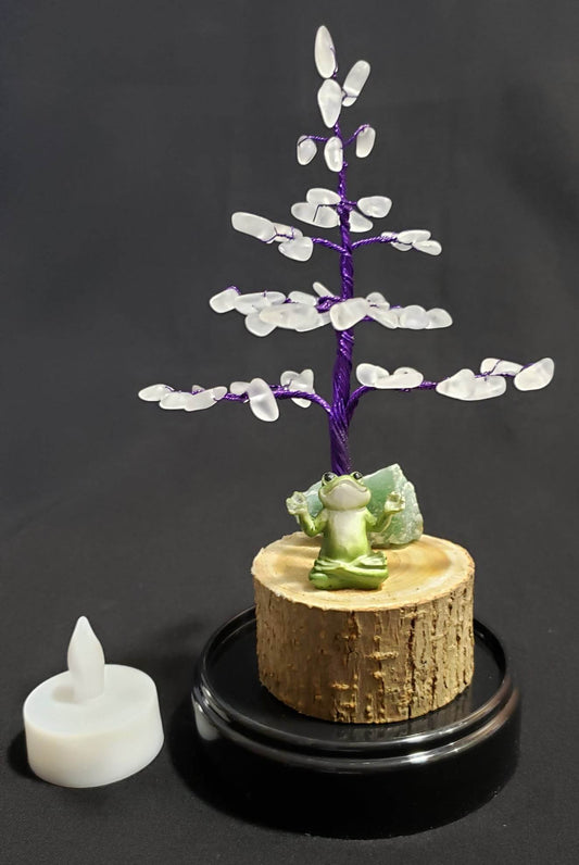 Handmade Gemstone Wire Tree - Frosted Quartz with meditating frog