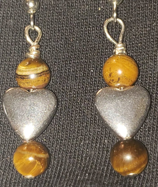 Earrings - Metal Heart with Tiger Eye