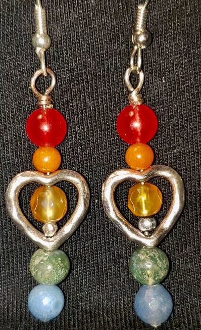 Earrings - Metal Heart with Rainbow Gemstones