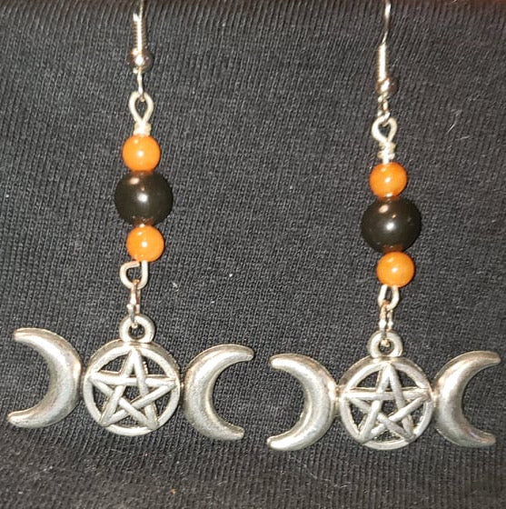 Earrings - Metal Pentacle and Triple Moon with Black Tourmaline and Fire Agate