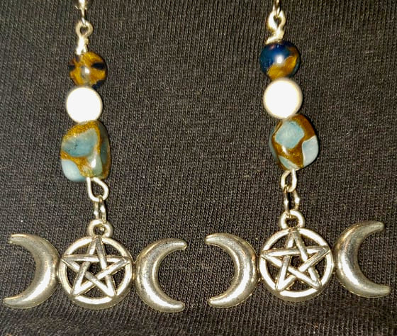 Earrings - Metal Pentacle and Triple Moon with Impression Jasper and Howlite