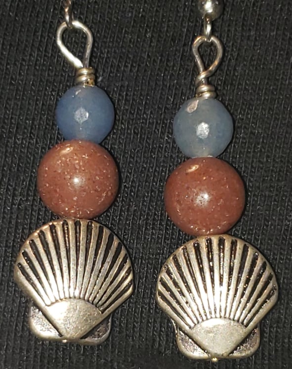 Earrings - Metal Sea Shell with Blue Agate and Picture Jasper
