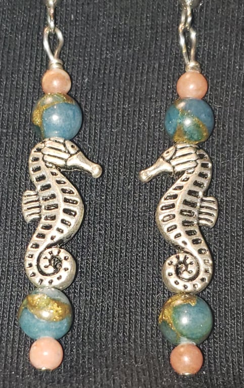 Earrings - Metal Seahorse with Jasper and Impression Jasper