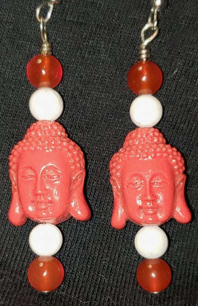 Earrings - Red Resin Buddha Head with Carnelian and Howlite