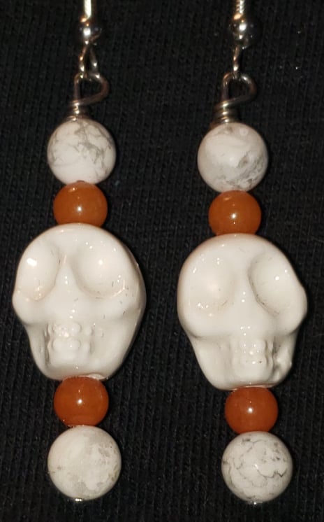 Earrings - Resin Skull with Howlite & Fire Agate