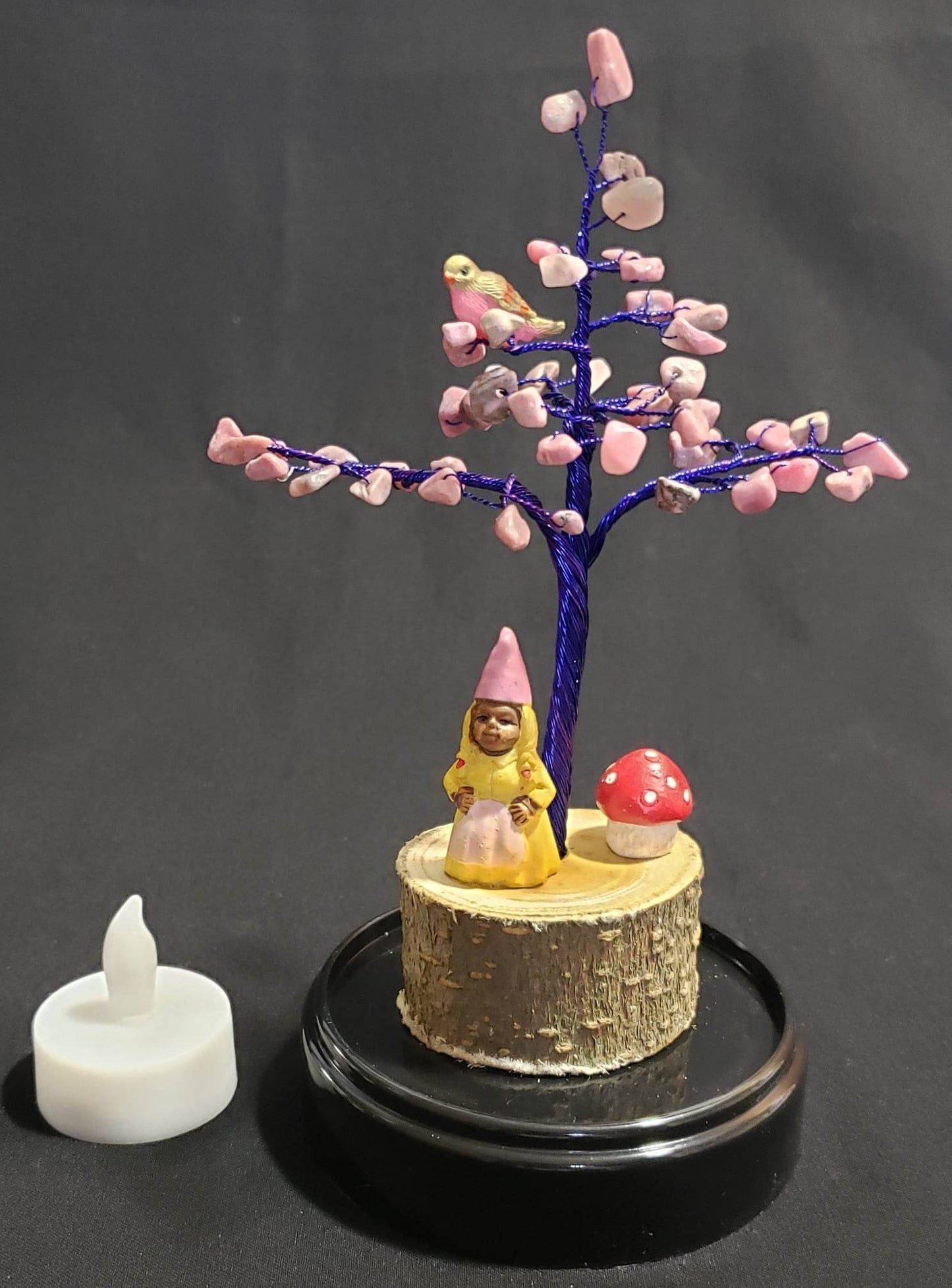 Handmade Gemstone Wire Tree - Rhodonite with lady gnome and mushroom