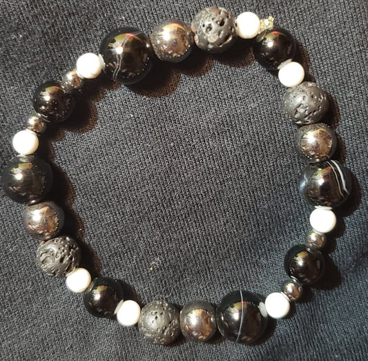 Bracelet- Tuxedo Agate, Hematite, Howlite , Lava