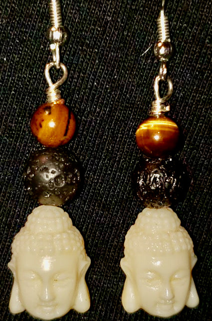 White Resin Buddha Head Earrings with Lava Rock and Tiger Eye