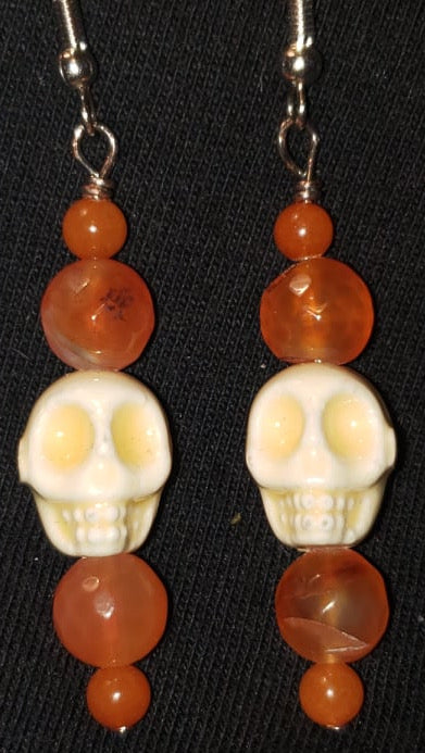 White Resin Skull Earrings with Fire Agate